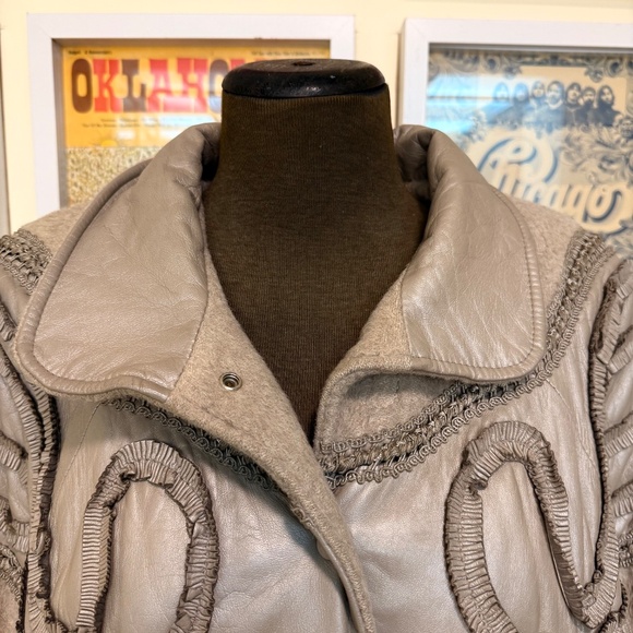 Vintage 80s Statement Taupe Wool & Leather Maxi Coat w/ Ornate Braided Trim - Picture 5 of 16